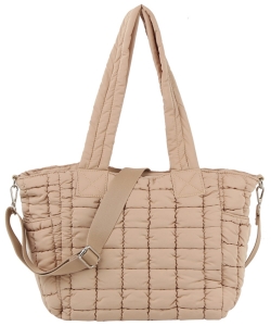 Puffy Quilted Nylon Shopper Satchel JYE0507 TAUPE